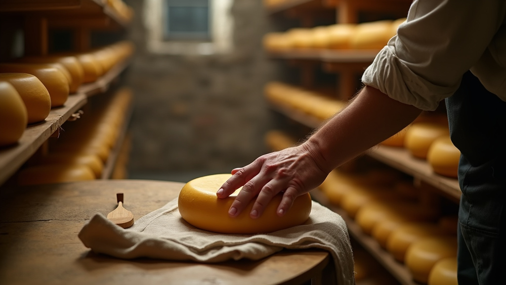 Affineur manipulant des fromages dans une cave d'affinage