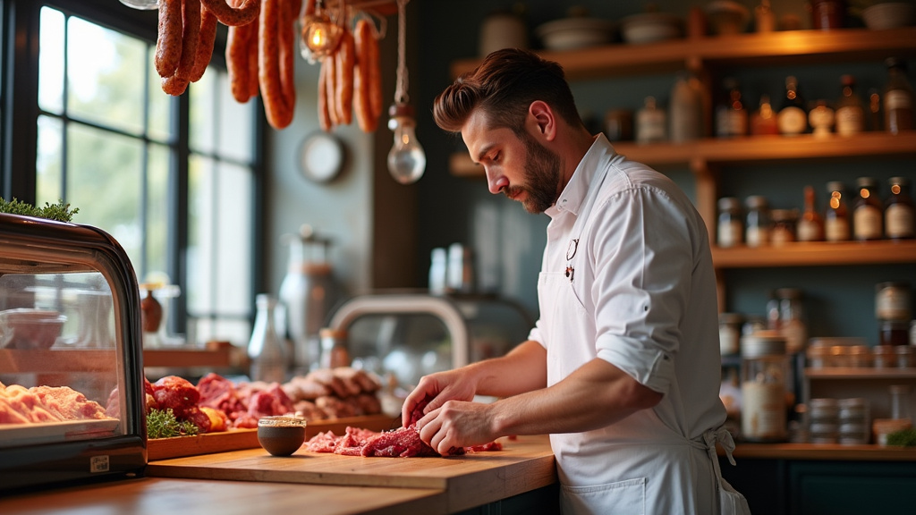 Boucher professionnel en train de découper de la viande dans une boucherie artisanale