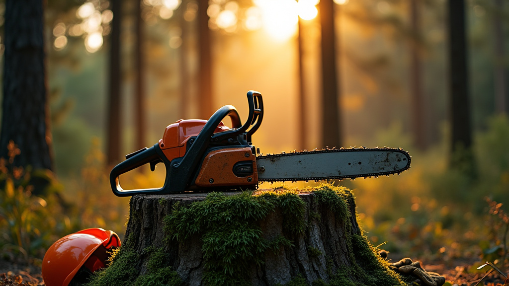 Bûcheron travaillant en forêt avec une tronçonneuse