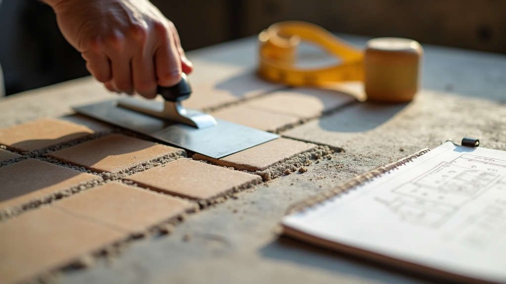 Carreleur préparant le support avant la pose de carreaux