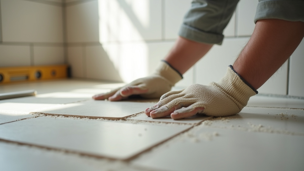 Carreleur professionnel posant des carreaux dans une cuisine moderne