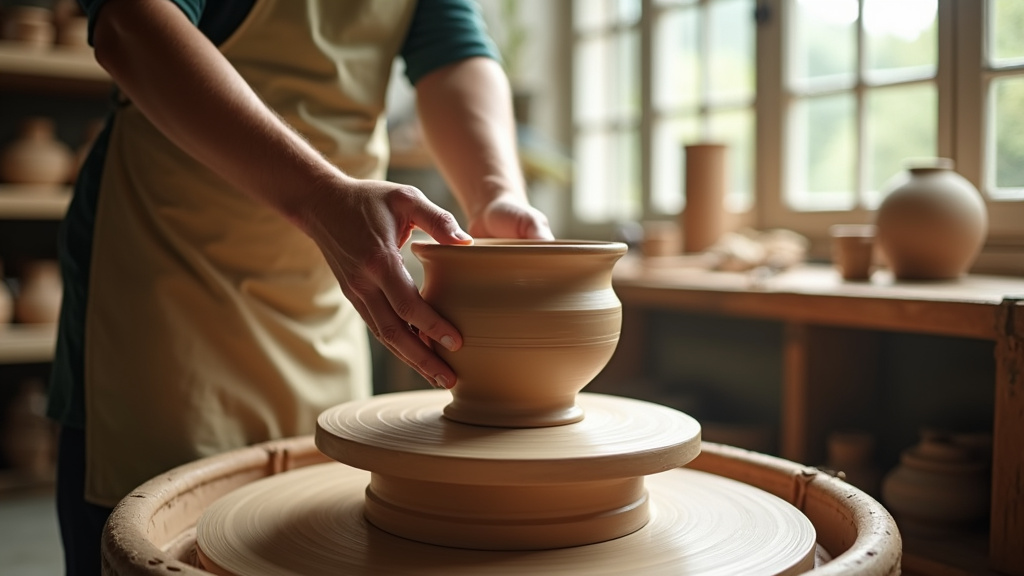 Céramiste travaillant à son tour avec des pièces en céramique sur l'établi