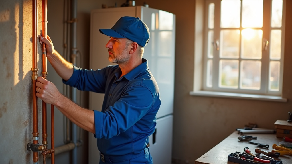 Chauffagiste travaillant sur une chaudière moderne dans un intérieur résidentiel