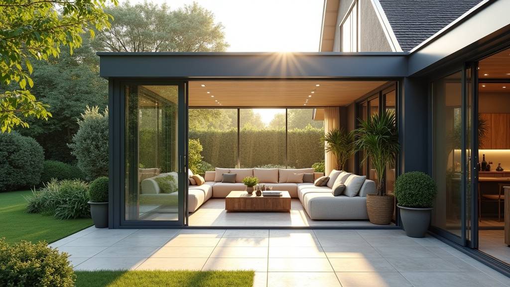 Véranda avec jardin intérieur et espaces bien-être