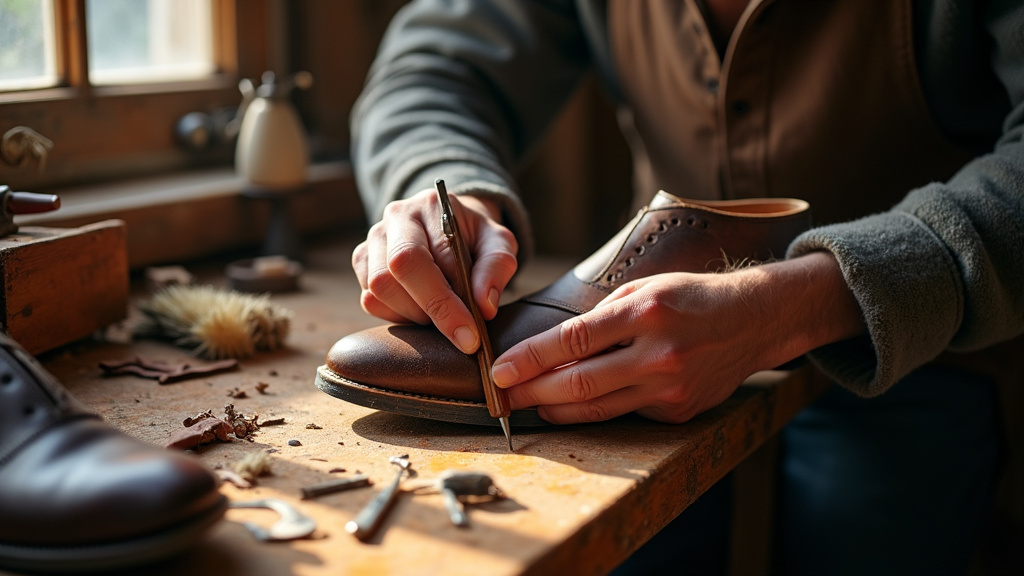 Cordonnier travaillant dans son atelier avec des outils traditionnels et modernes