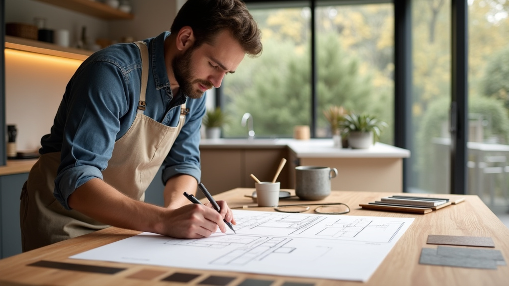 Cuisiniste en train de concevoir un projet de cuisine sur ordinateur avec logiciel 3D
