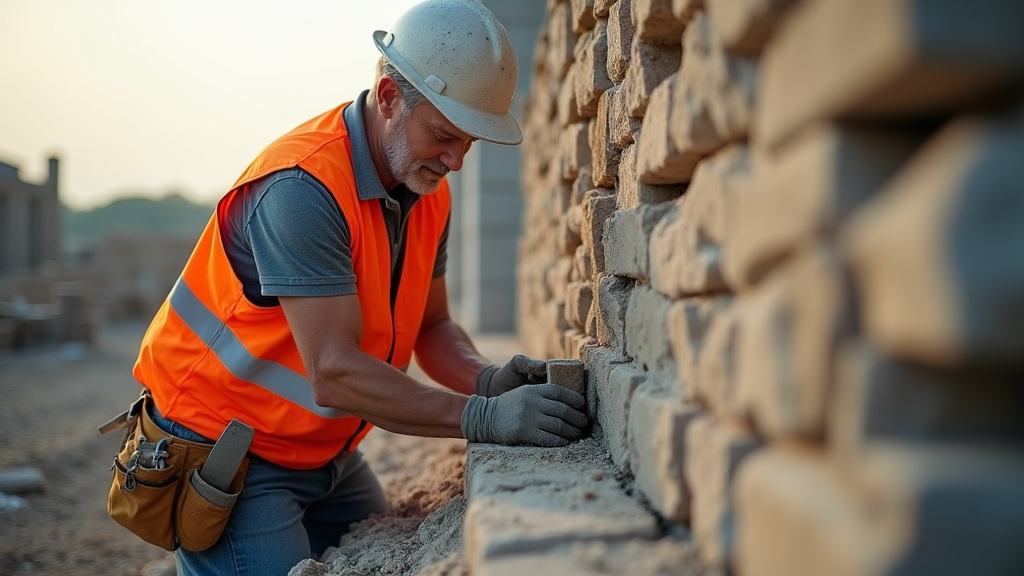Maçon travaillant sur un chantier de construction avec échafaudage