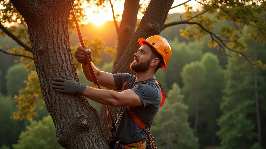 Élagueur professionnel utilisant des techniques de grimpe avancées