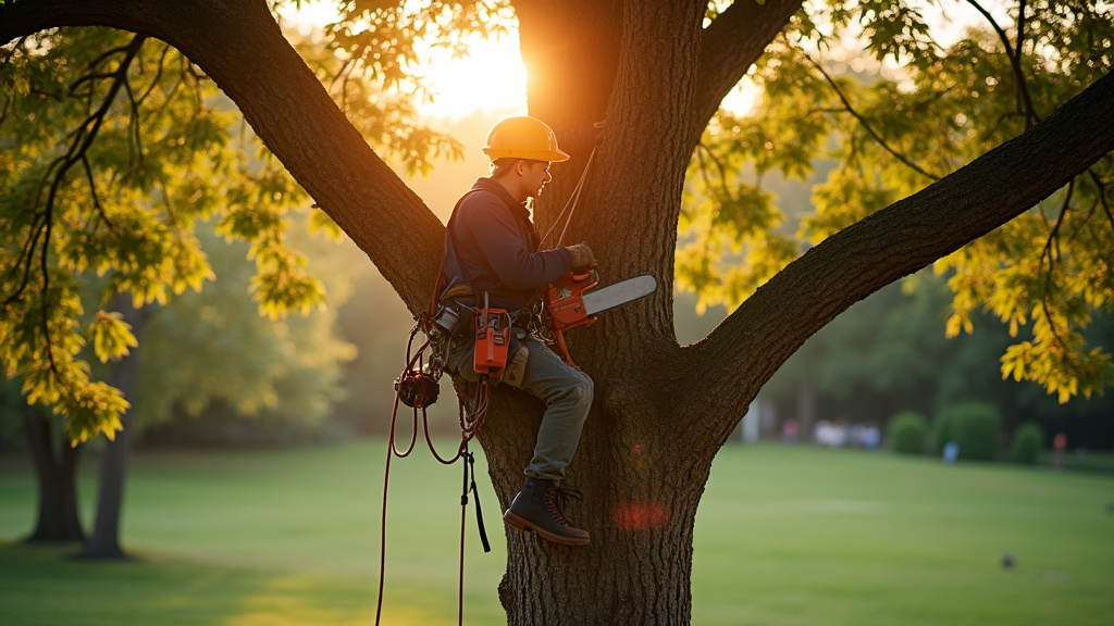 Élagueur grimpeur en pleine activité dans un arbre