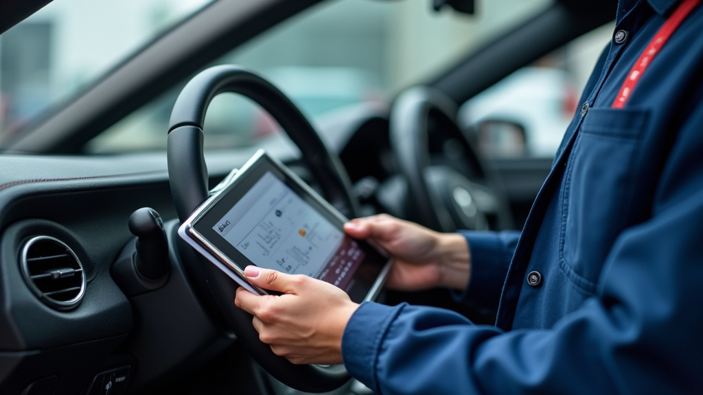 Électricien automobile diagnostiquant un véhicule électrique avec des outils de pointe