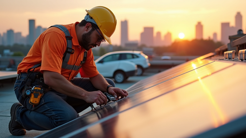 Électricien installant des panneaux solaires sur un toit
