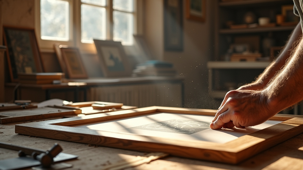 Détail du travail d'un encadreur sur une œuvre d'art