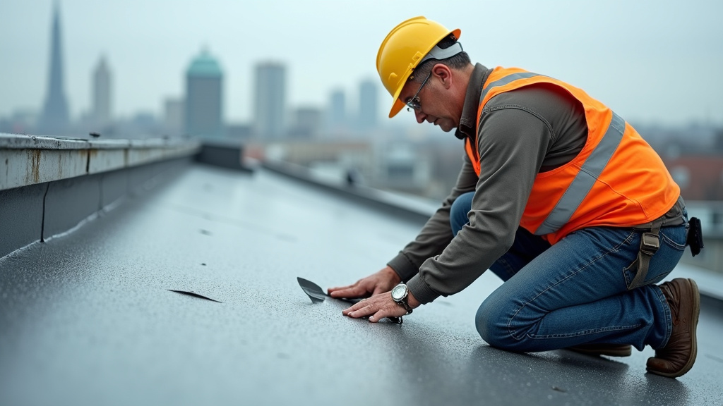 Étancheur posant une membrane sur une terrasse
