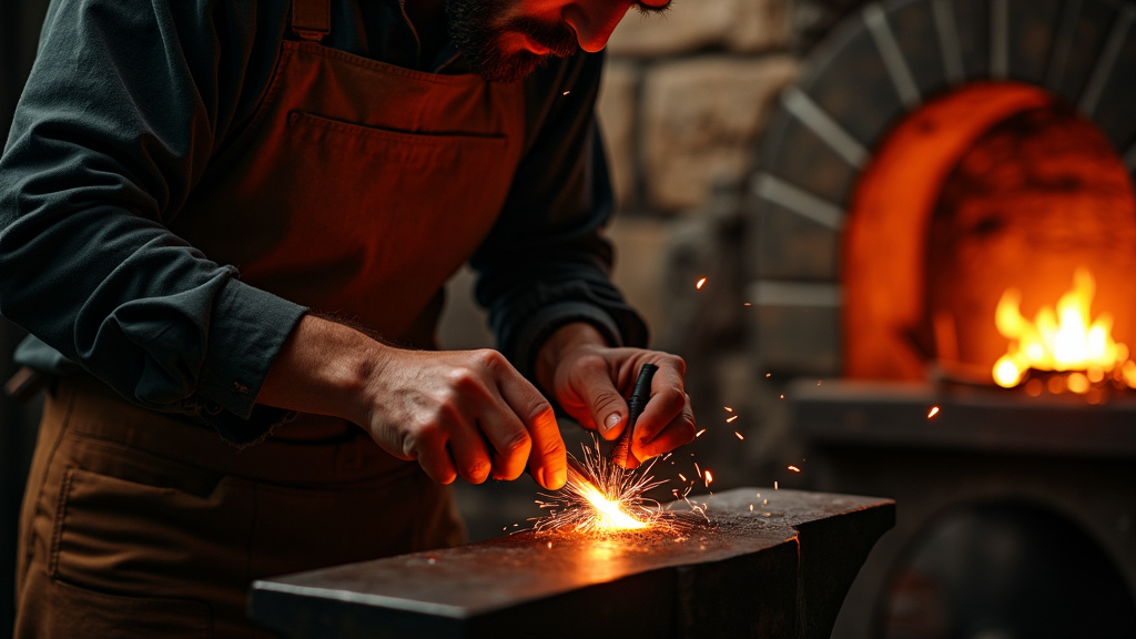 Ferronnier d'art travaillant le métal à la forge, étincelles et concentration
