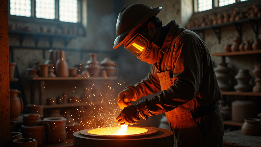 Fondeur manipulant du métal en fusion dans un four industriel