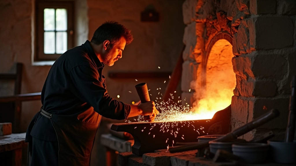 Détail du travail du forgeron sur une enclume avec marteau