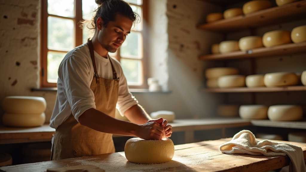 Fromager artisan sélectionnant des fromages dans une cave spécialisée
