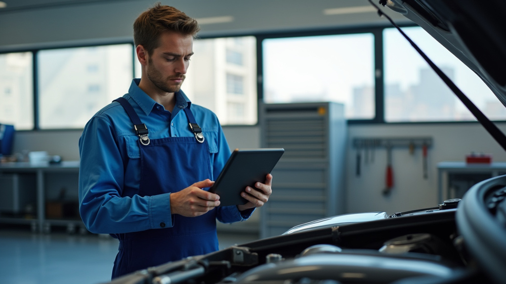 Garagiste utilisant des outils de diagnostic électronique