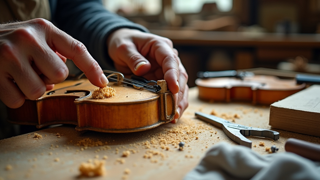 Luthier travaillant sur la fabrication d'un violon dans son atelier