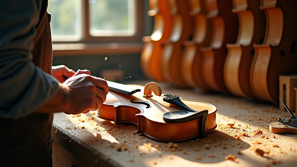 Luthier travaillant dans son atelier avec des instruments à cordes