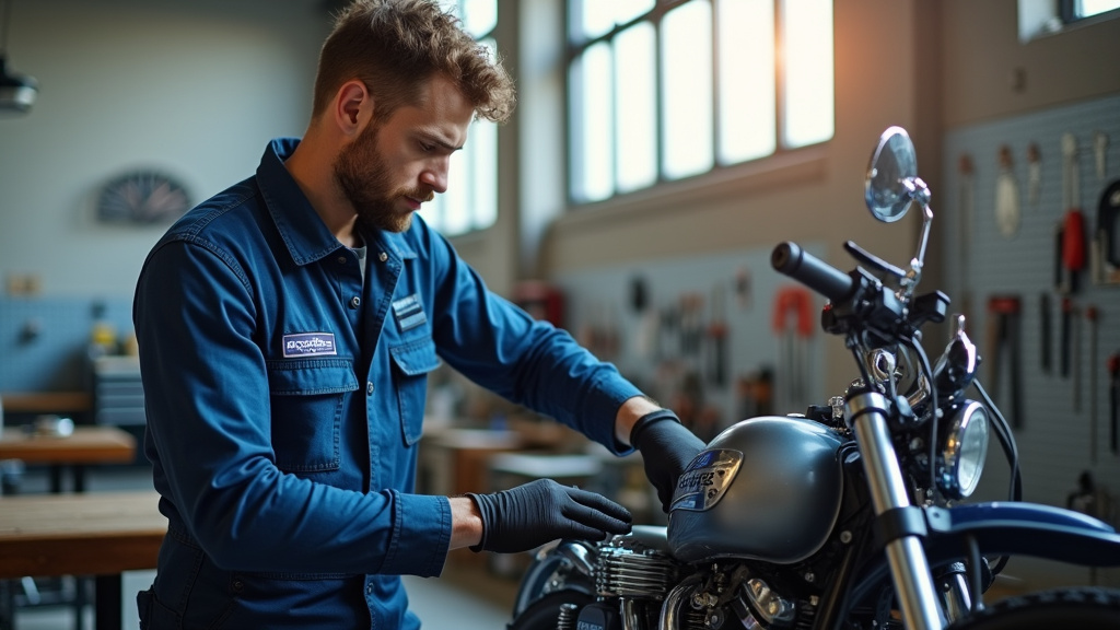 Mécanicien moto consultante les données de salaire sur son ordinateur