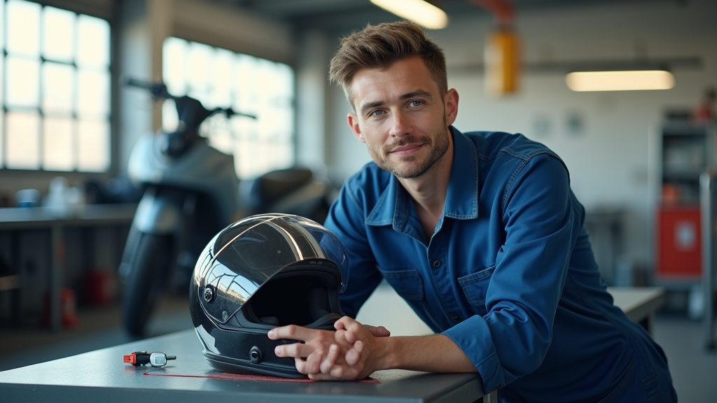 Mécanicien moto travaillant sur une moto électrique dans un atelier moderne