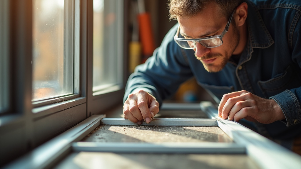 Menuisier aluminium travaillant sur une baie vitrée dans un atelier