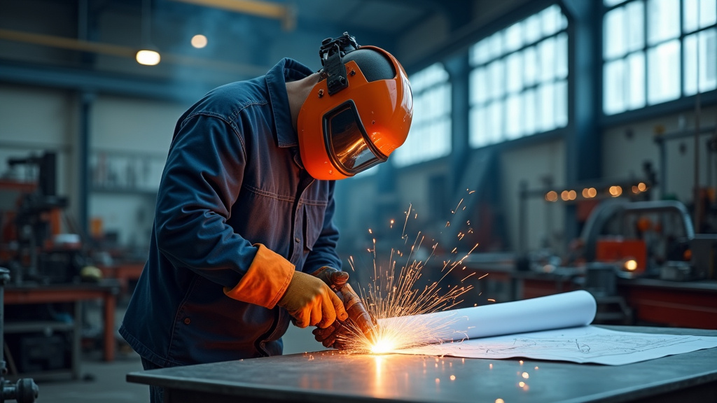 Métallier travaillant dans un atelier avec des plans et des pièces métalliques