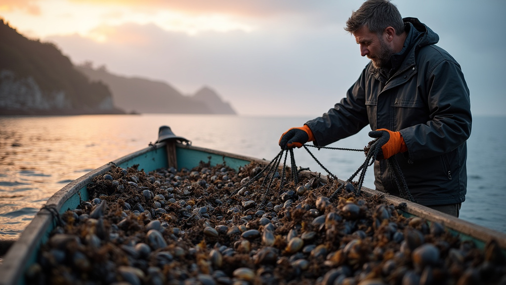 Vue aérienne d'une zone de culture de moules en mer
