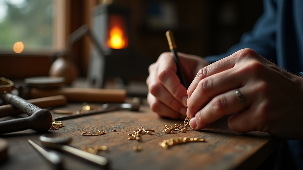 Orfèvre travaillant sur un bijou en or dans son atelier