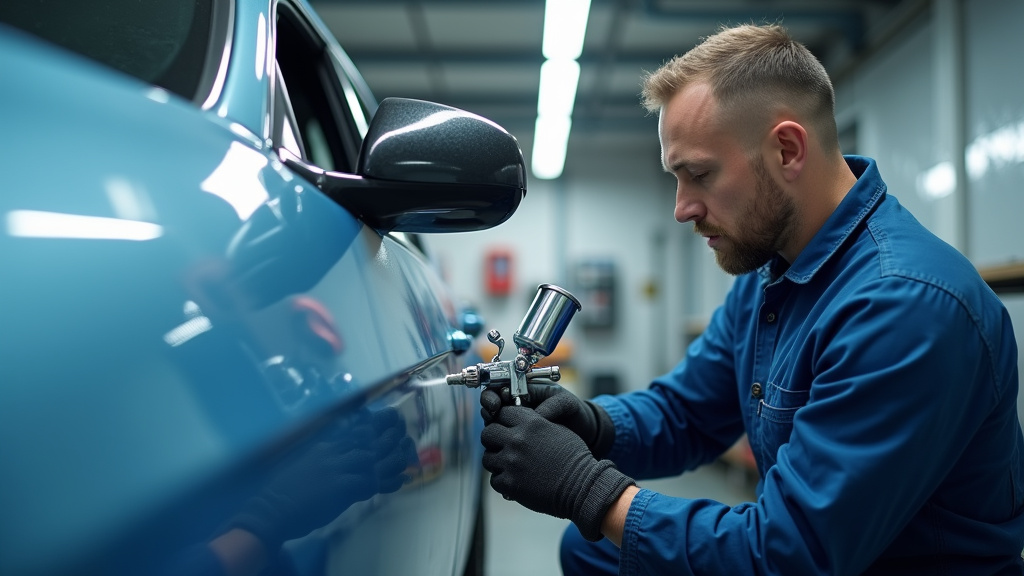 Peintre automobile en train de peindre une voiture dans un atelier moderne