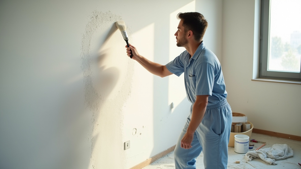 Peintre en bâtiment appliquant de l'enduit sur un mur