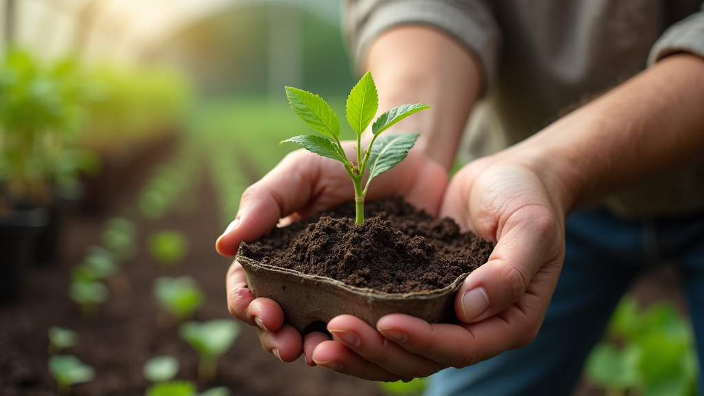Pépiniériste travaillant dans une serre avec des plants de diverses espèces
