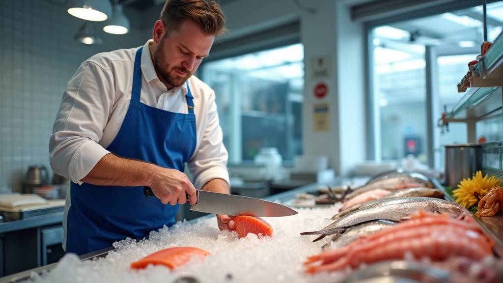 Poissonnier en train de préparer des produits de la mer dans son étal