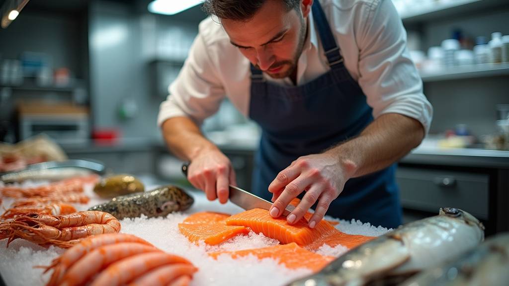 Poissonnier expert au travail dans sa poissonnerie artisanale