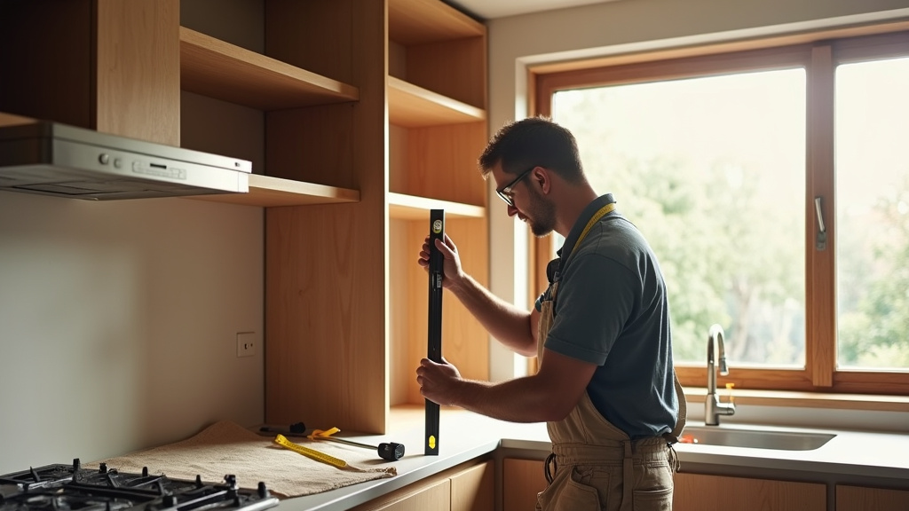 Poseur de cuisine vérifiant les mesures avant installation