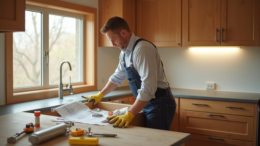 Poseur de cuisine en train d'installer un plan de travail