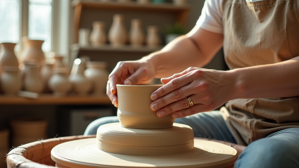 Atelier de céramique bien organisé avec tour, étagères et outils