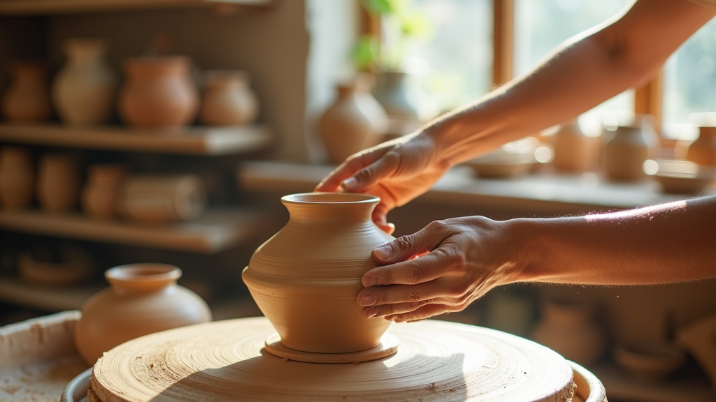 Potière travaillant dans un atelier lumineux avec des pièces en céramique sur les étagères