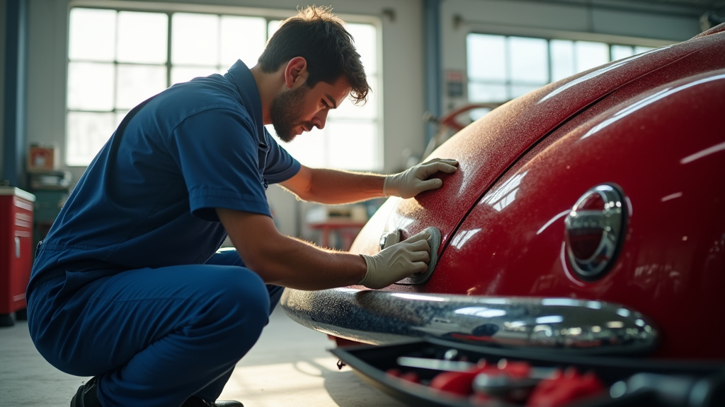 Préparateur automobile travaillant sur une voiture dans un atelier moderne