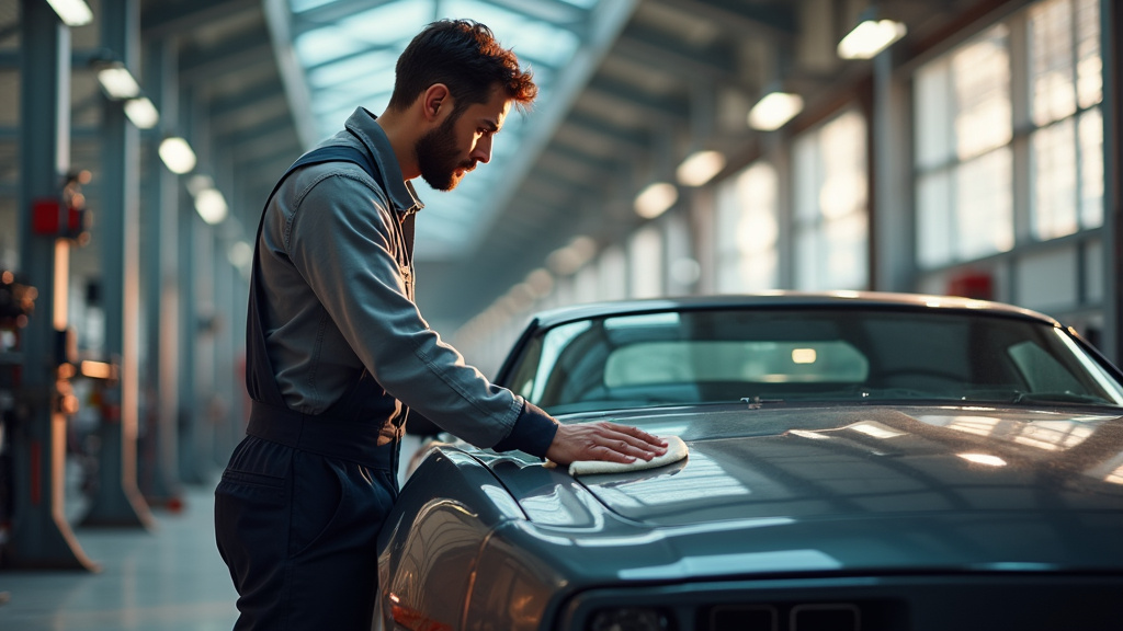 Préparateur automobile travaillant sur une voiture de luxe dans un atelier moderne