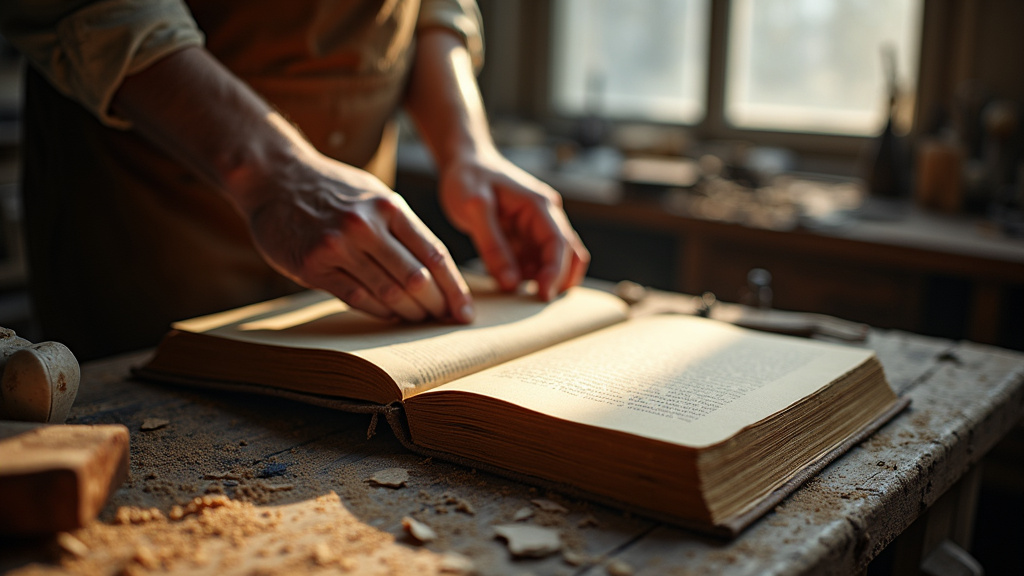 Atelier de relieur avec des outils traditionnels et des livres anciens