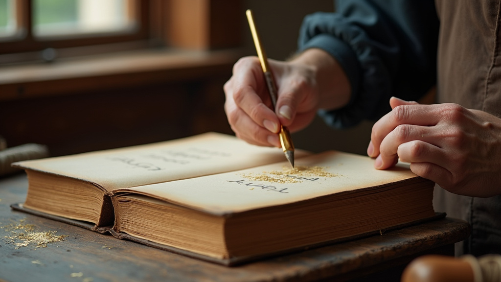 Relieur-doreur travaillant dans son atelier avec des outils traditionnels