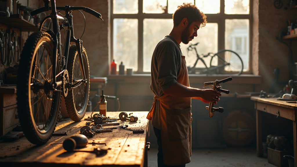 Atelier de réparation de vélos avec outils spécialisés et vélos de différentes catégories
