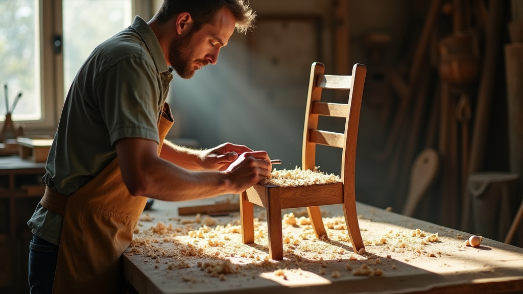 Détail d'un artisan travaillant sur une marqueterie ancienne avec des outils traditionnels