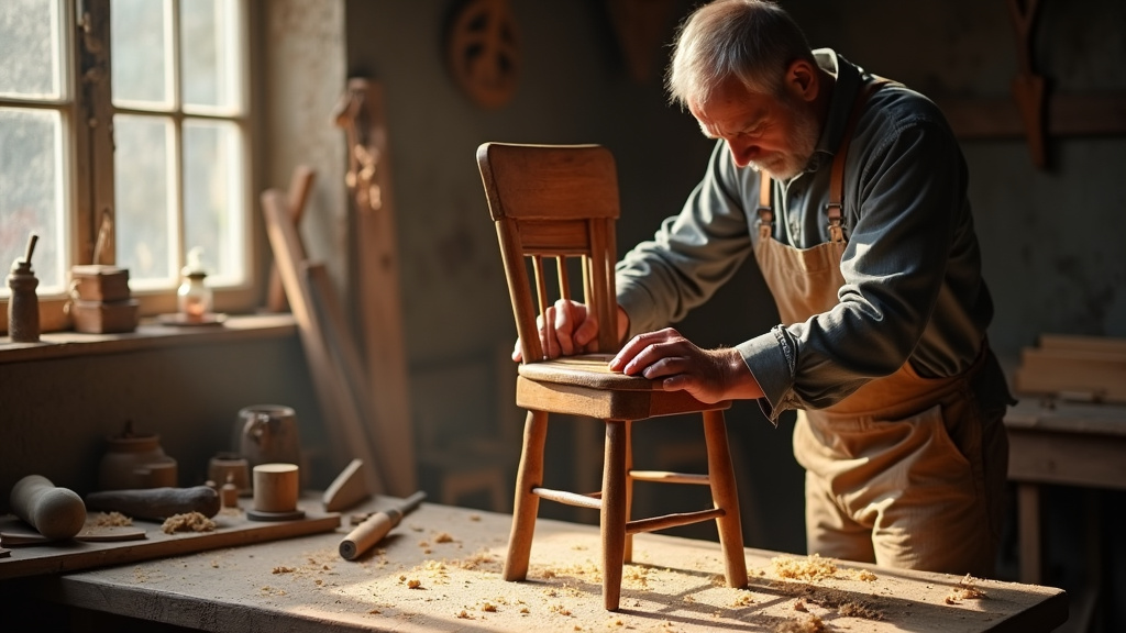 Atelier de restaurateur de meubles avec outils traditionnels et pièces en cours de restauration
