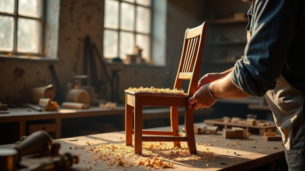 Restaurateur de meubles travaillant sur un buffet ancien dans un atelier lumineux