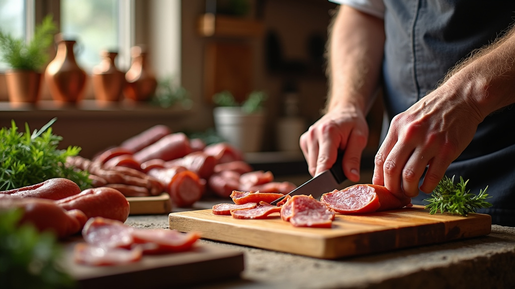 Charcutier-traiteur vérifiant la cuisson d'un rôti dans son laboratoire