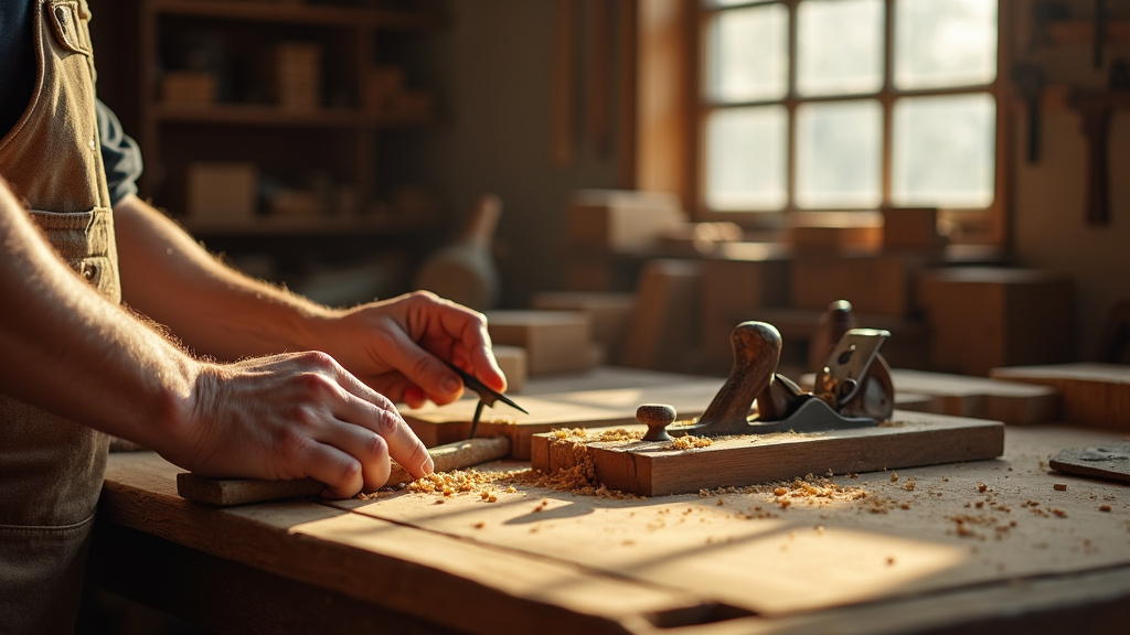 Outils d'ébéniste traditionnels disposés sur un établi en bois