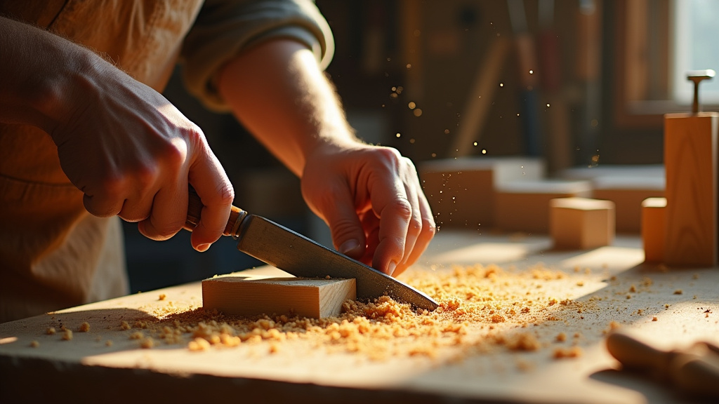 Ébéniste travaillant sur un meuble ancien dans un atelier bien éclairé